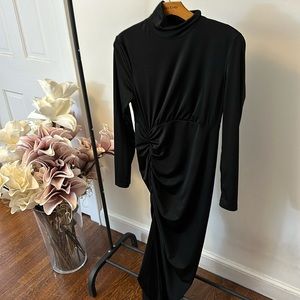 Black turtleneck, side slit ruche dress